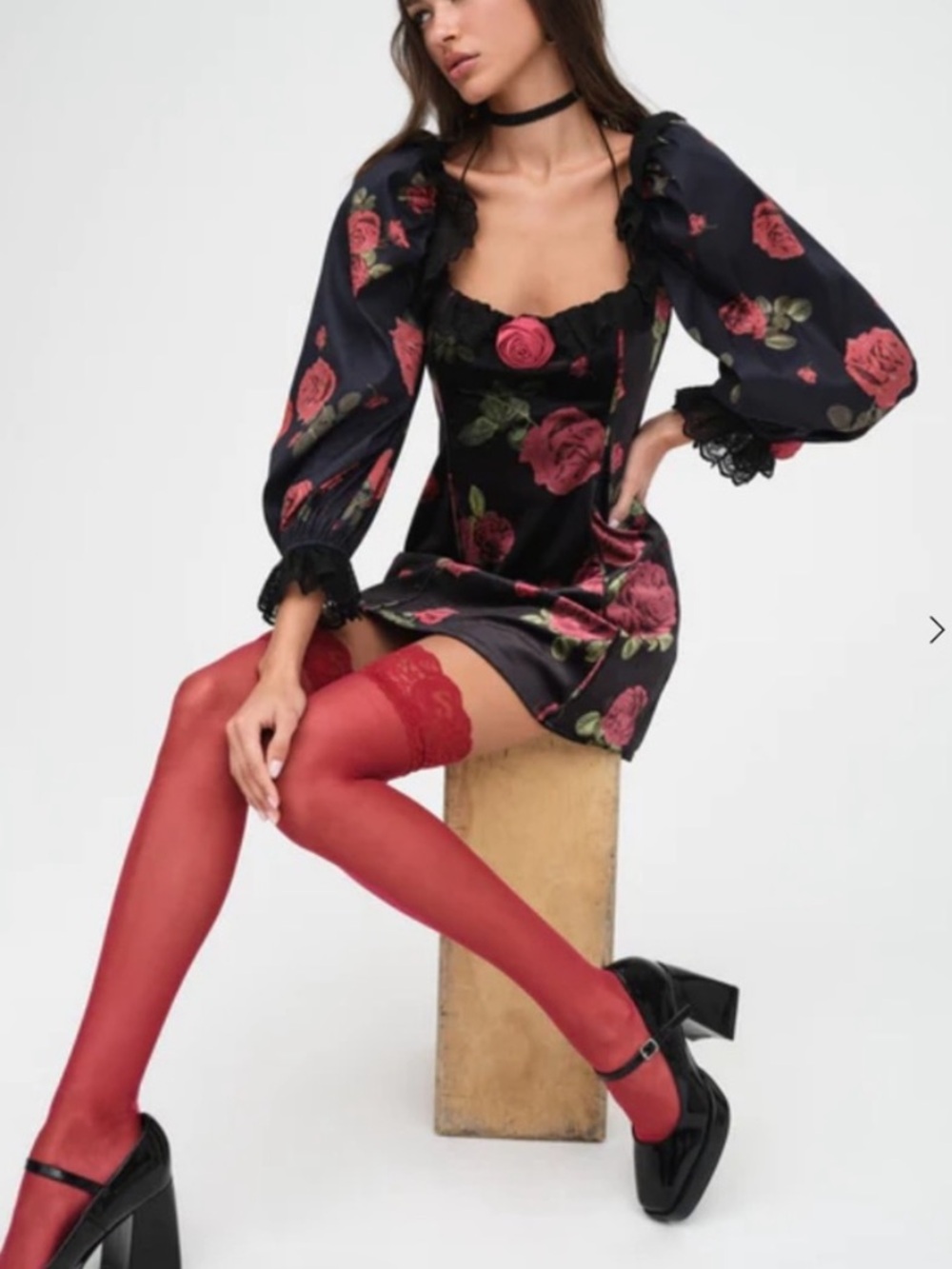 For Love & Lemons Black Velvet Rose Yara Mini Dress US S
